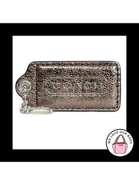 COACH POPPY HANG TAG 2.5" Gray Bronze Crackle Leather Bag Charm Keychain Fob